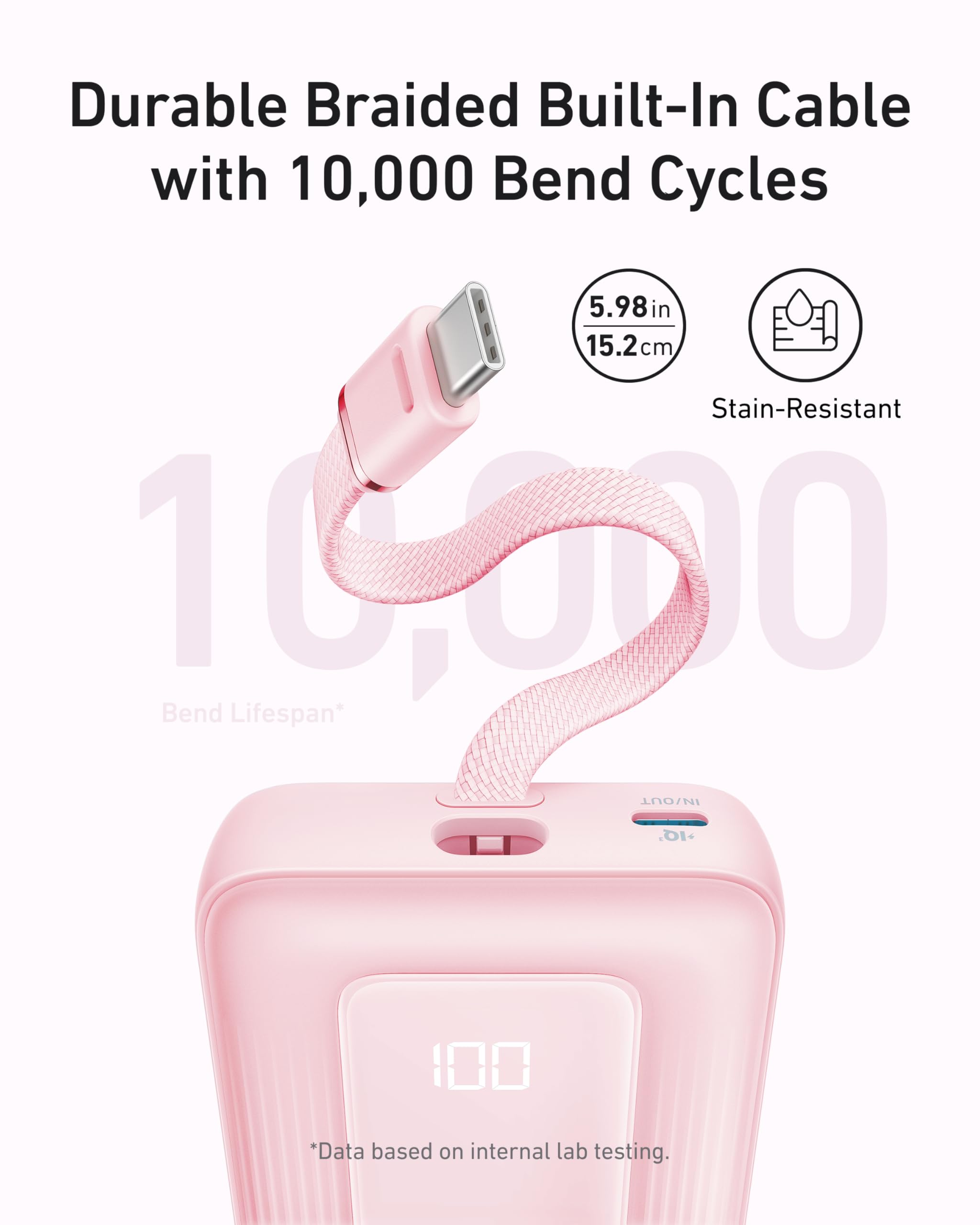 Anker Zolo Power Bank (10K, 30W) with a 5.4-inch (13.7 cm) built-in USB-C cable.