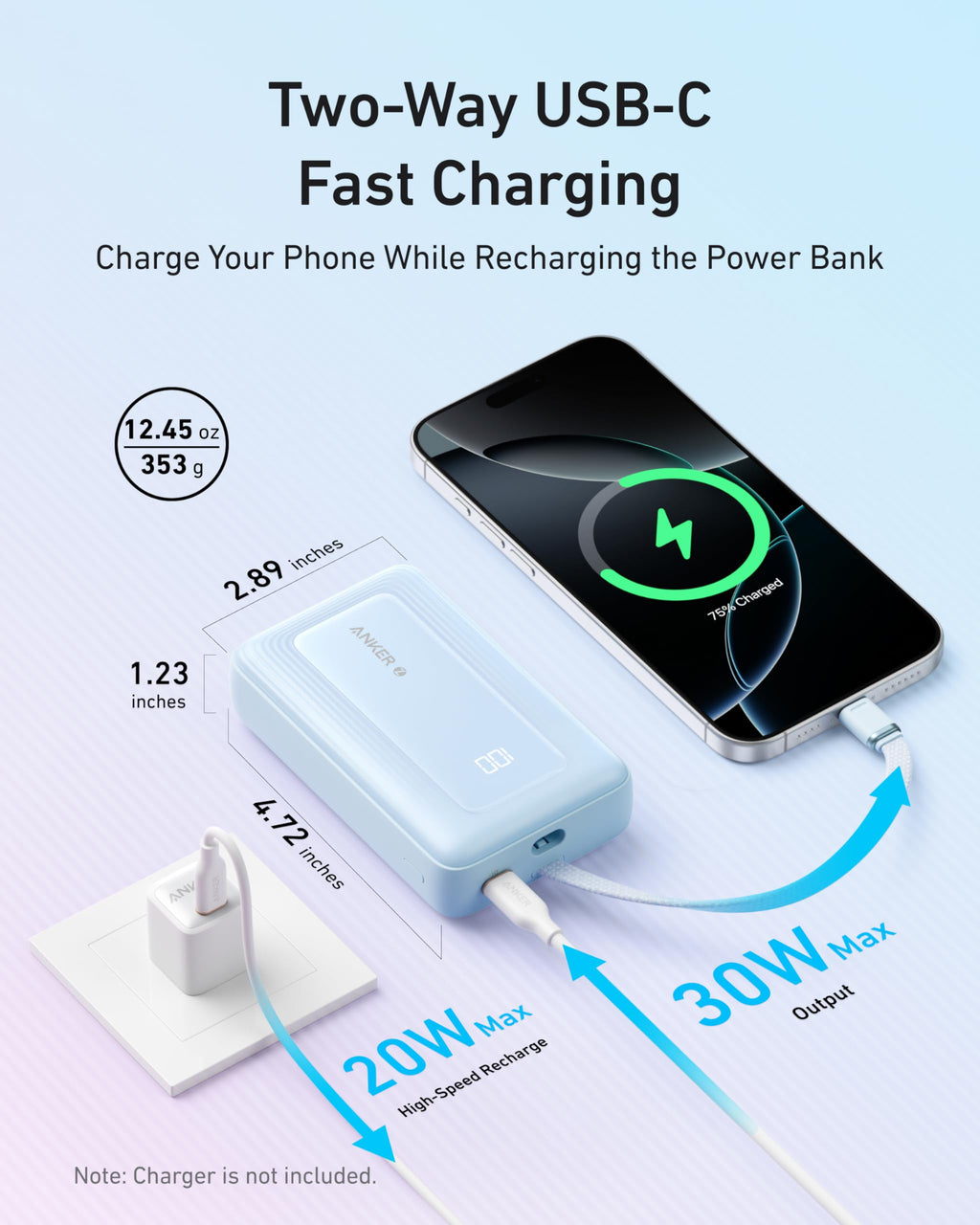 Anker Zolo Power Bank (10K, 30W) with a 5.4-inch (13.7 cm) built-in USB-C cable.
