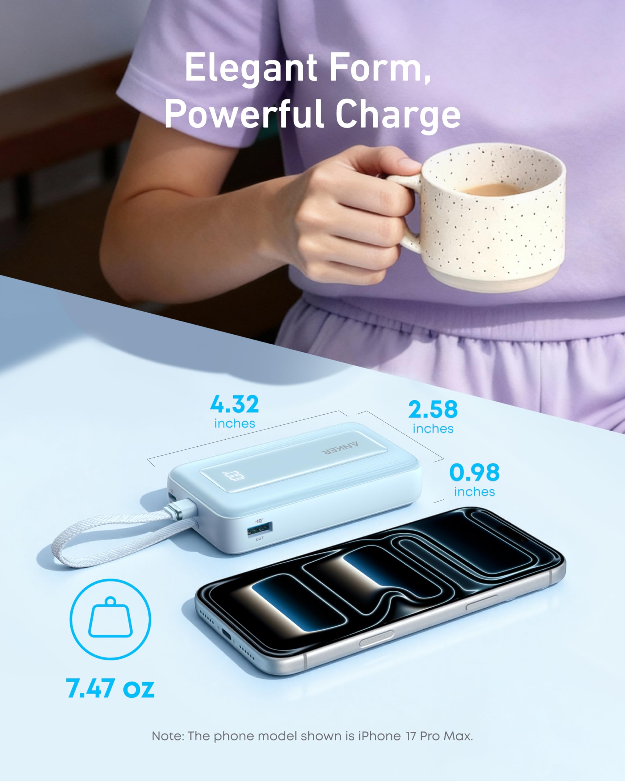 Anker Zolo Power Bank (10K, 30W) with a 5.4-inch (13.7 cm) built-in USB-C cable.