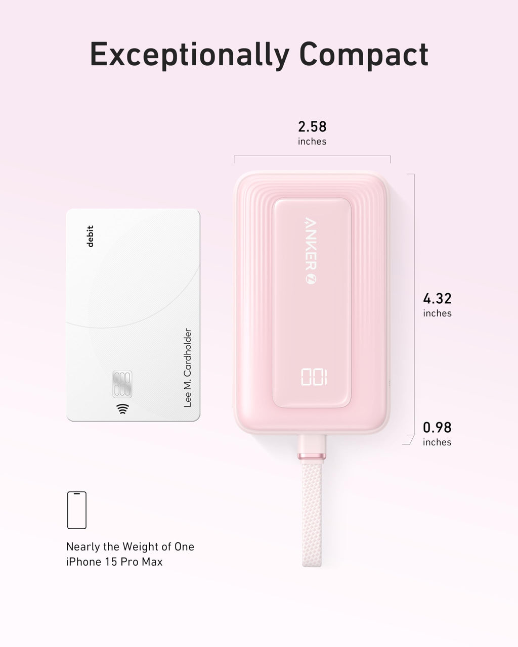 Anker Zolo Power Bank (10K, 30W) with a 5.4-inch (13.7 cm) built-in USB-C cable.