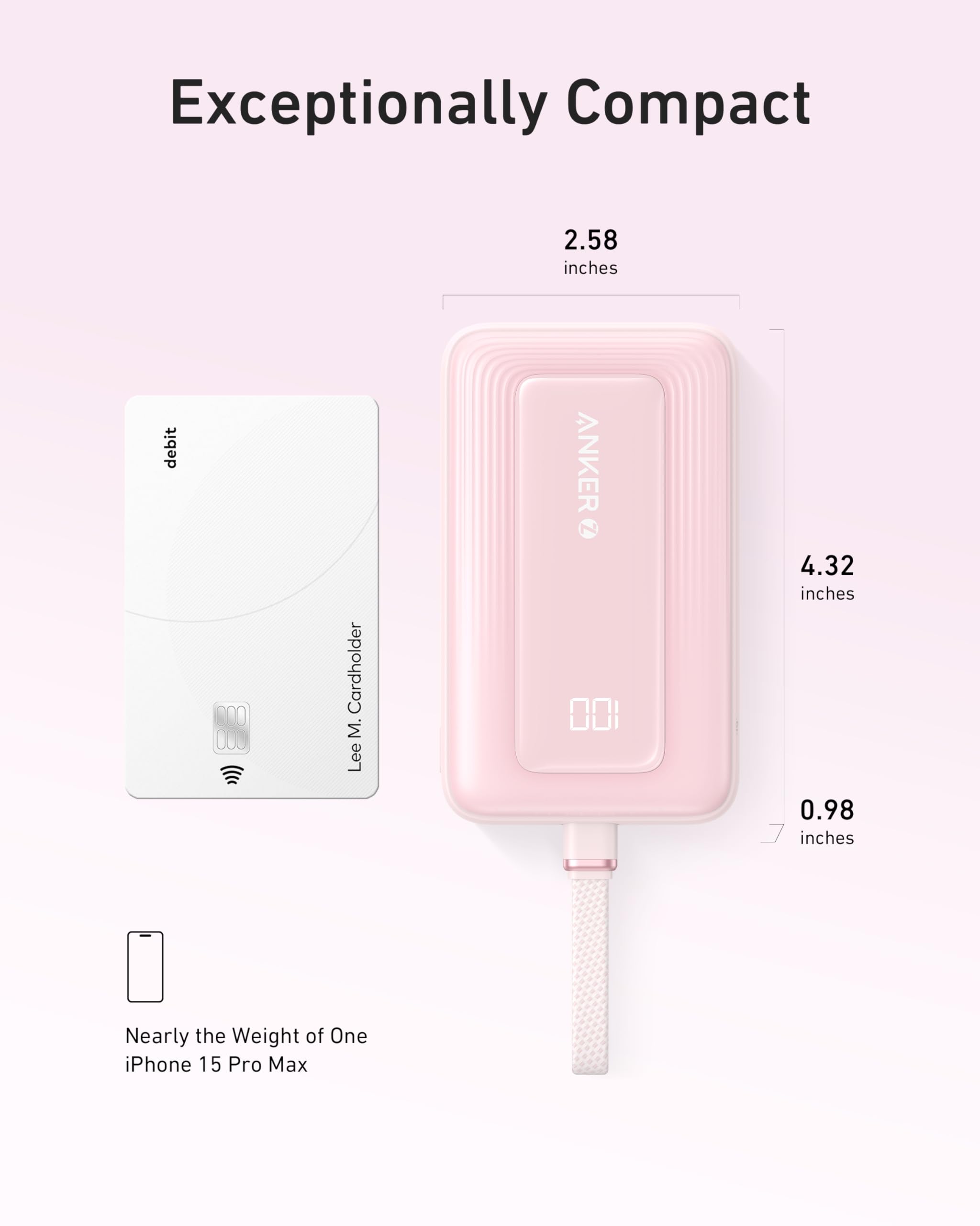 Anker Zolo Power Bank (10K, 30W) with a 5.4-inch (13.7 cm) built-in USB-C cable.